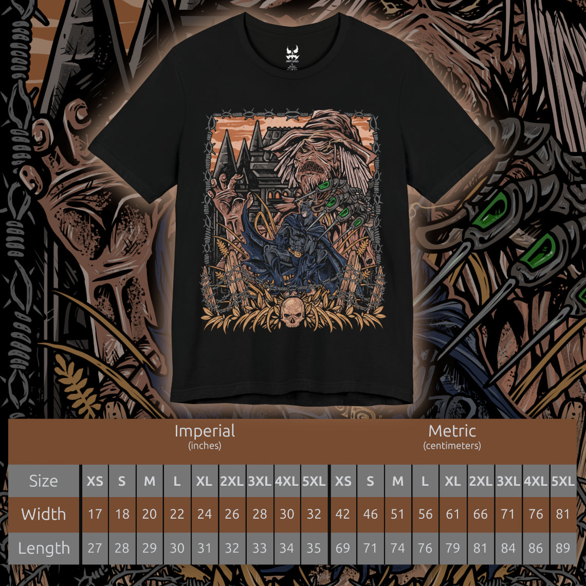 Size chart of a T-Shirt artwork depicting Batman surrounded by Scarecrow’s fear toxin hallucinations, with monstrous shadows, decaying buildings, and swirling toxic gas consuming Gotham’s streets. Scarecrow watches from the darkness, his syringe glove ready to unleash another dose of terror. This design reflects the mental warfare between hero and villain, where courage is tested against unimaginable nightmares.