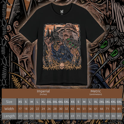 Size chart of a T-Shirt artwork depicting Batman surrounded by Scarecrow’s fear toxin hallucinations, with monstrous shadows, decaying buildings, and swirling toxic gas consuming Gotham’s streets. Scarecrow watches from the darkness, his syringe glove ready to unleash another dose of terror. This design reflects the mental warfare between hero and villain, where courage is tested against unimaginable nightmares.