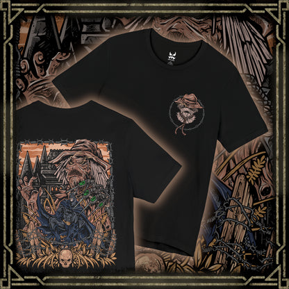 Thumbnail of a T-Shirt artwork depicting Batman surrounded by Scarecrow’s fear toxin hallucinations, with monstrous shadows, decaying buildings, and swirling toxic gas consuming Gotham’s streets. Scarecrow watches from the darkness, his syringe glove ready to unleash another dose of terror. This design reflects the mental warfare between hero and villain, where courage is tested against unimaginable nightmares.