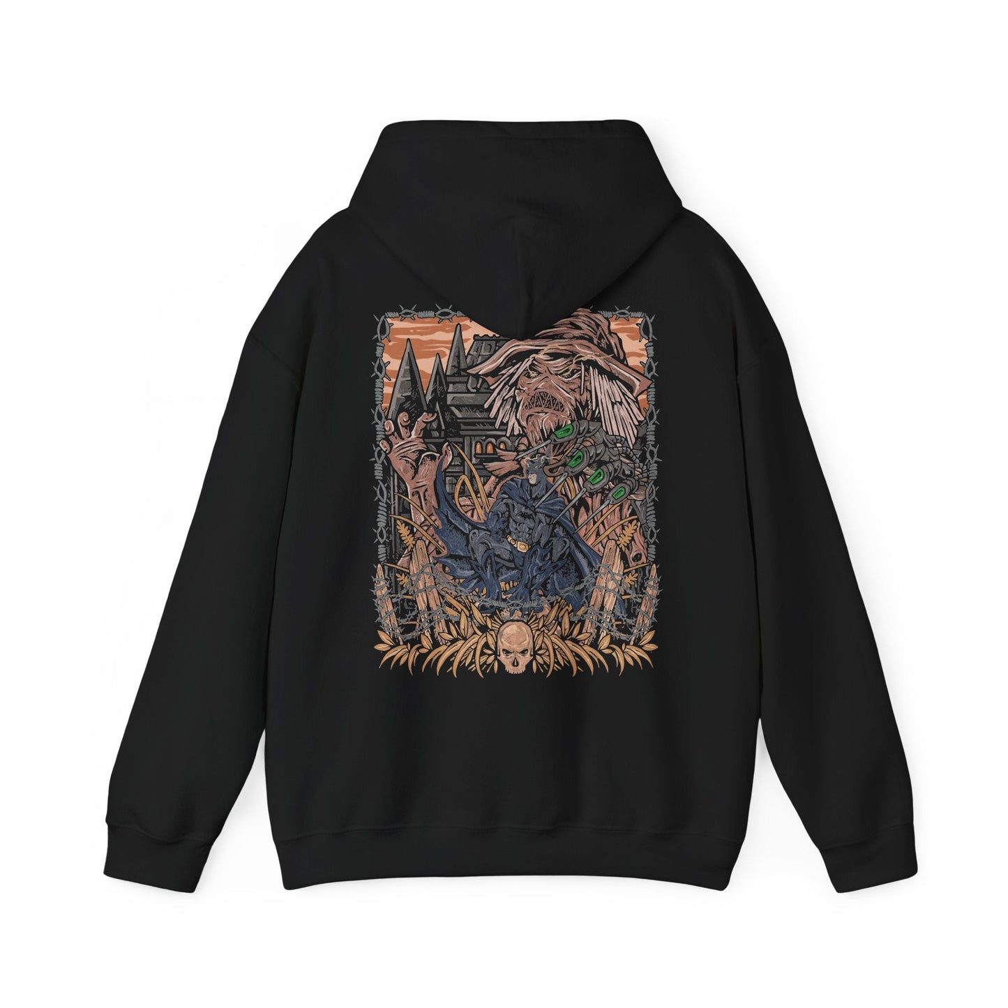 Image 5 of a Hooded Sweatshirt of Scarecrow emerging from a cloud of fear toxin while Batman advances through the poisonous haze beneath a storm-filled Gotham sky. The Dark Knight’s silhouette cuts through the nightmare as twisted crows and ghostly apparitions circle overhead. The composition emphasizes psychological horror, unwavering determination, and the iconic rivalry between Gotham’s greatest protector and its master of fear.