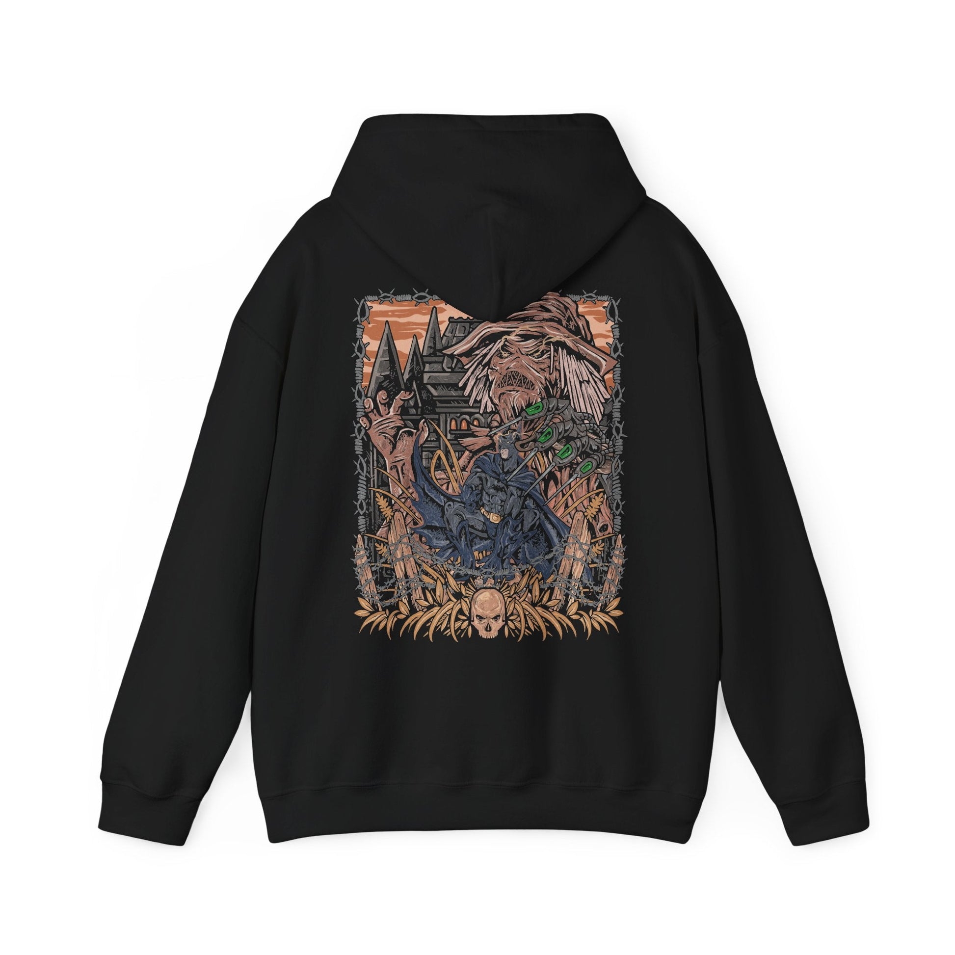 Image 5 of a Hooded Sweatshirt of Scarecrow emerging from a cloud of fear toxin while Batman advances through the poisonous haze beneath a storm-filled Gotham sky. The Dark Knight’s silhouette cuts through the nightmare as twisted crows and ghostly apparitions circle overhead. The composition emphasizes psychological horror, unwavering determination, and the iconic rivalry between Gotham’s greatest protector and its master of fear.