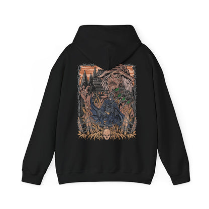 Image 5 of a Hooded Sweatshirt of Scarecrow emerging from a cloud of fear toxin while Batman advances through the poisonous haze beneath a storm-filled Gotham sky. The Dark Knight’s silhouette cuts through the nightmare as twisted crows and ghostly apparitions circle overhead. The composition emphasizes psychological horror, unwavering determination, and the iconic rivalry between Gotham’s greatest protector and its master of fear.