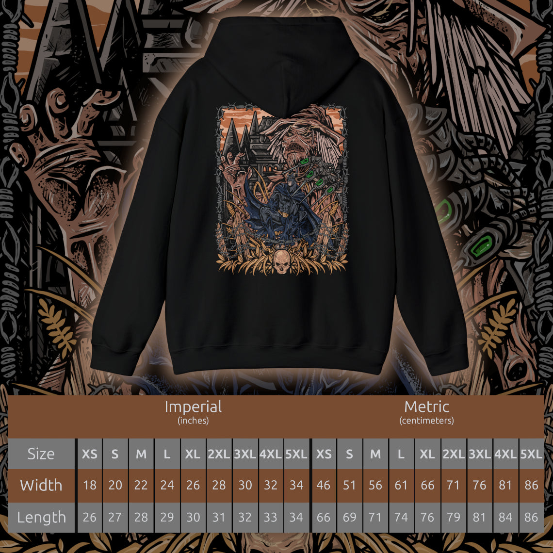 Size chart of a Hooded Sweatshirt of Scarecrow emerging from a cloud of fear toxin while Batman advances through the poisonous haze beneath a storm-filled Gotham sky. The Dark Knight’s silhouette cuts through the nightmare as twisted crows and ghostly apparitions circle overhead. The composition emphasizes psychological horror, unwavering determination, and the iconic rivalry between Gotham’s greatest protector and its master of fear.