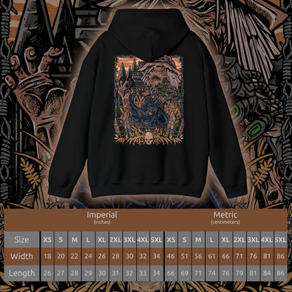 Size chart of a Hooded Sweatshirt of Scarecrow emerging from a cloud of fear toxin while Batman advances through the poisonous haze beneath a storm-filled Gotham sky. The Dark Knight’s silhouette cuts through the nightmare as twisted crows and ghostly apparitions circle overhead. The composition emphasizes psychological horror, unwavering determination, and the iconic rivalry between Gotham’s greatest protector and its master of fear.