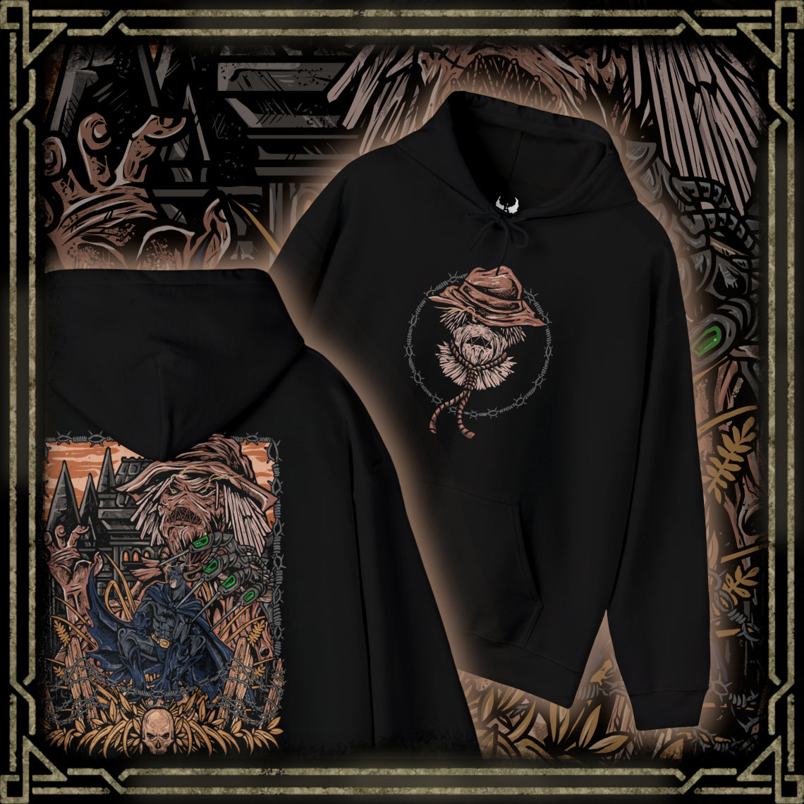 Thumbnail of a Hooded Sweatshirt of Scarecrow emerging from a cloud of fear toxin while Batman advances through the poisonous haze beneath a storm-filled Gotham sky. The Dark Knight’s silhouette cuts through the nightmare as twisted crows and ghostly apparitions circle overhead. The composition emphasizes psychological horror, unwavering determination, and the iconic rivalry between Gotham’s greatest protector and its master of fear.