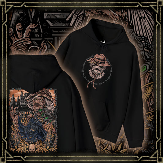 Thumbnail of a Hooded Sweatshirt of Scarecrow emerging from a cloud of fear toxin while Batman advances through the poisonous haze beneath a storm-filled Gotham sky. The Dark Knight’s silhouette cuts through the nightmare as twisted crows and ghostly apparitions circle overhead. The composition emphasizes psychological horror, unwavering determination, and the iconic rivalry between Gotham’s greatest protector and its master of fear.