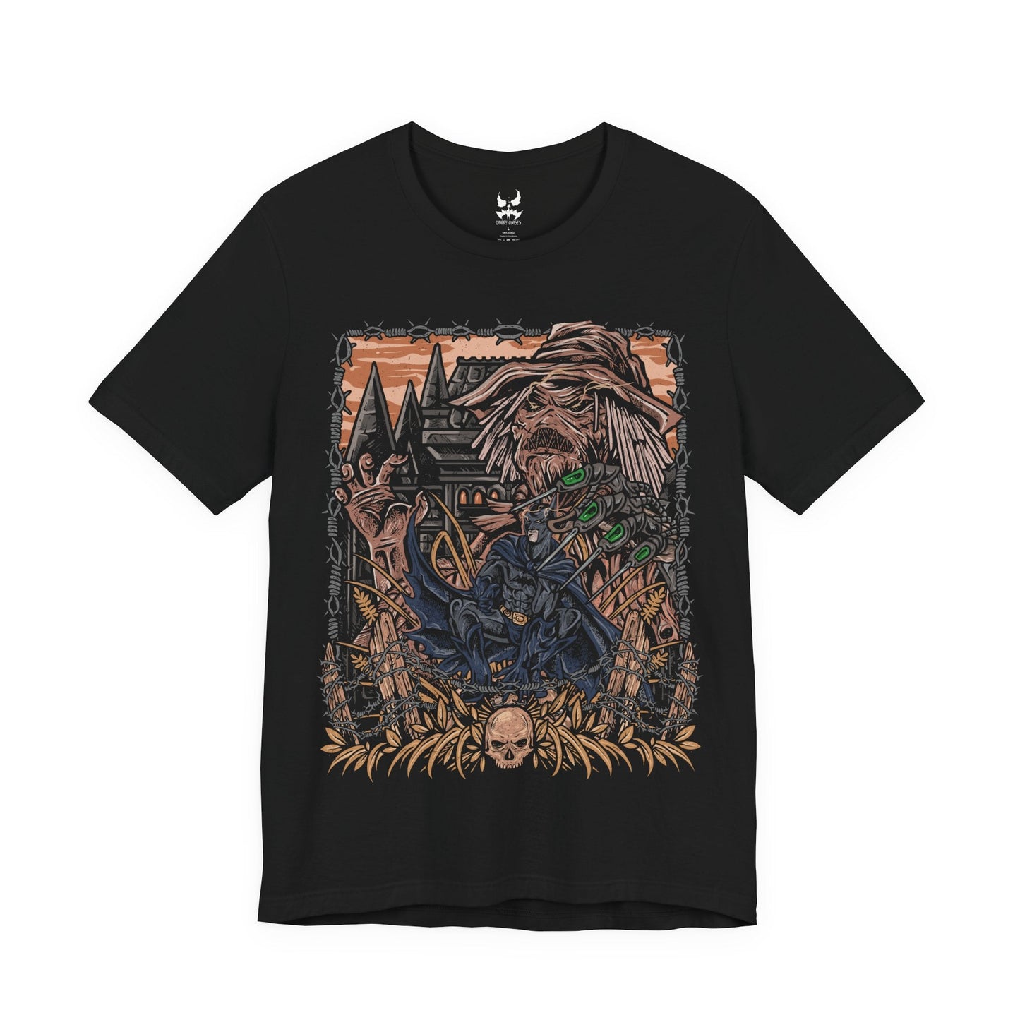 Image 4 of a T-Shirt design of Scarecrow confronting Batman in a nightmare version of Gotham City, where fear toxin transforms the skyline into a twisted landscape of darkness and decay. Scarecrow’s tattered robes and sinister mask loom through toxic green mist as Batman stands defiant against horrifying visions. The design captures psychological terror, resilience, and the eternal battle between fear and justice.