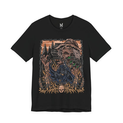 Image 4 of a T-Shirt design of Scarecrow confronting Batman in a nightmare version of Gotham City, where fear toxin transforms the skyline into a twisted landscape of darkness and decay. Scarecrow’s tattered robes and sinister mask loom through toxic green mist as Batman stands defiant against horrifying visions. The design captures psychological terror, resilience, and the eternal battle between fear and justice.