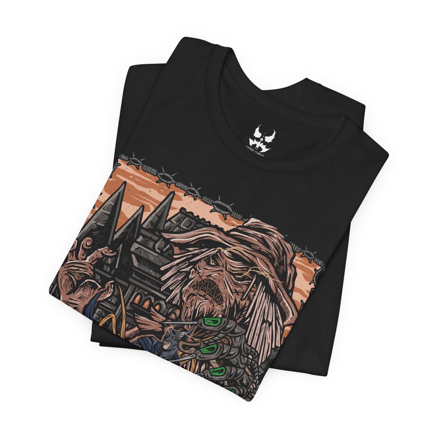 Image 5 of a T-Shirt design of Scarecrow confronting Batman in a nightmare version of Gotham City, where fear toxin transforms the skyline into a twisted landscape of darkness and decay. Scarecrow’s tattered robes and sinister mask loom through toxic green mist as Batman stands defiant against horrifying visions. The design captures psychological terror, resilience, and the eternal battle between fear and justice.