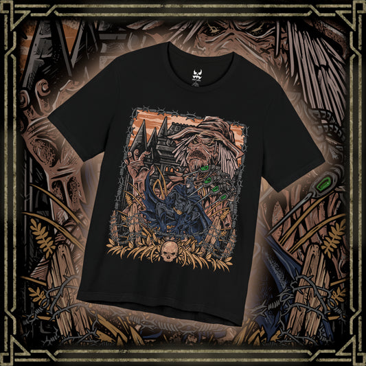 Thumbnail of a T-Shirt design of Scarecrow confronting Batman in a nightmare version of Gotham City, where fear toxin transforms the skyline into a twisted landscape of darkness and decay. Scarecrow’s tattered robes and sinister mask loom through toxic green mist as Batman stands defiant against horrifying visions. The design captures psychological terror, resilience, and the eternal battle between fear and justice.