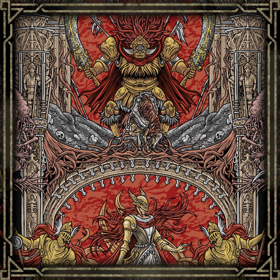 Artwork of Scarlet Rot Over Caelid. The Battle of Caelid saw Starscourge Radahn clash with Malenia, Blade of Miquella, in a duel between demigods. Their war ended when Malenia unleashed the Scarlet Rot, devastating the battlefield and transforming Caelid into a wasteland of crimson decay. The clash became legend — a moment where strength, pride, and divine curse reshaped the Lands Between forever.