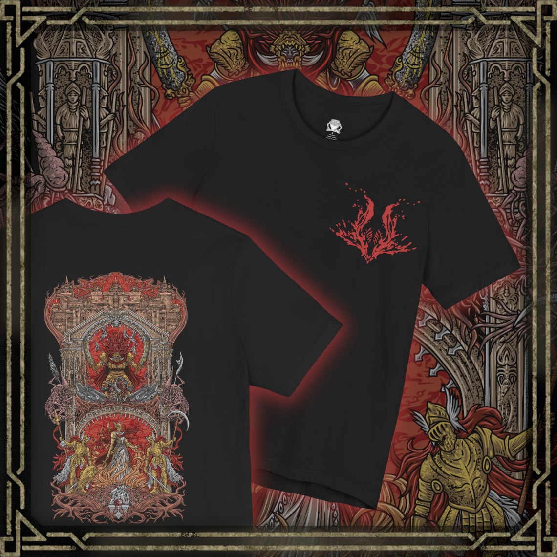 Thumbnail of a T-shirt artwork depicting the legendary duel between Radahn and Malenia in the scarlet deserts of Caelid, where gravitational magic collides with blooming rot. Radahn’s colossal armor gleams beneath storm-dark clouds as Malenia’s winged transformation begins to unfold. This design reflects the Shattering’s most catastrophic battle, where two demigods reshaped the land through pride, desperation, and ruin.