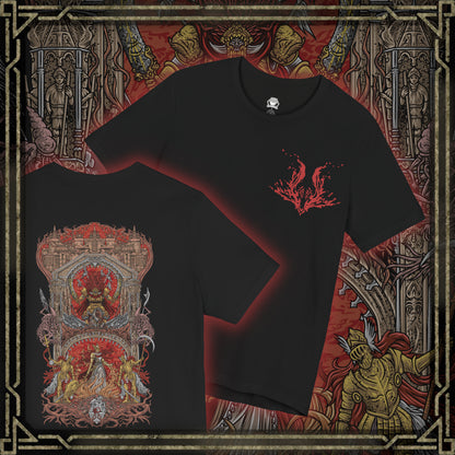 Thumbnail of a T-shirt artwork depicting the legendary duel between Radahn and Malenia in the scarlet deserts of Caelid, where gravitational magic collides with blooming rot. Radahn’s colossal armor gleams beneath storm-dark clouds as Malenia’s winged transformation begins to unfold. This design reflects the Shattering’s most catastrophic battle, where two demigods reshaped the land through pride, desperation, and ruin.