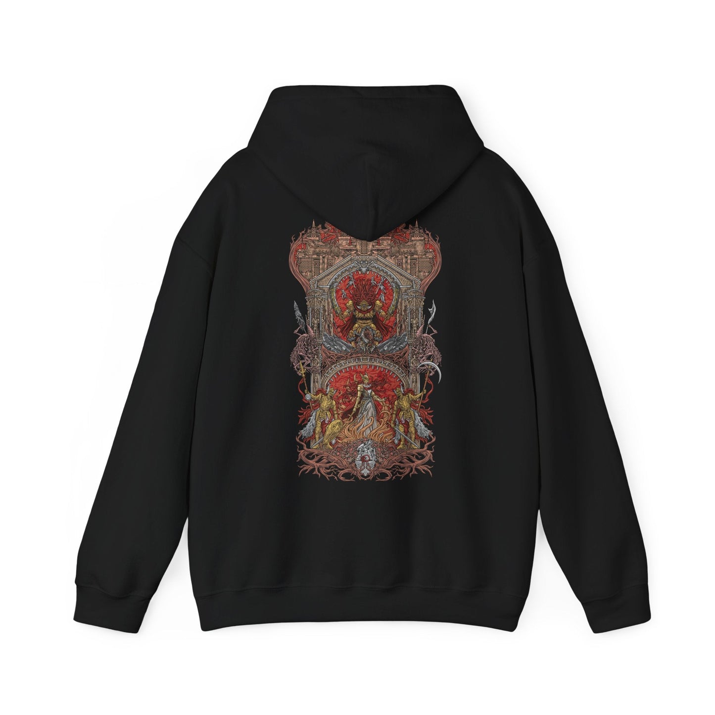 Image 5 of a Hooded Sweatshirt of Radahn and Malenia locked in combat atop Caelid’s broken battlefield, crimson spores and celestial energy exploding outward with every strike. Malenia’s scarlet bloom spreads across the horizon while Radahn bends the stars above through gravity magic. The composition emphasizes tragedy, godlike power, and the moment that condemned an entire region to eternal decay.