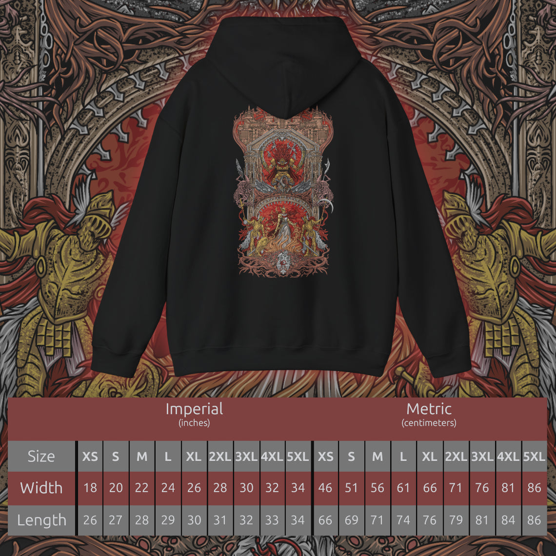 Size chart of a Hooded Sweatshirt of Radahn and Malenia locked in combat atop Caelid’s broken battlefield, crimson spores and celestial energy exploding outward with every strike. Malenia’s scarlet bloom spreads across the horizon while Radahn bends the stars above through gravity magic. The composition emphasizes tragedy, godlike power, and the moment that condemned an entire region to eternal decay.