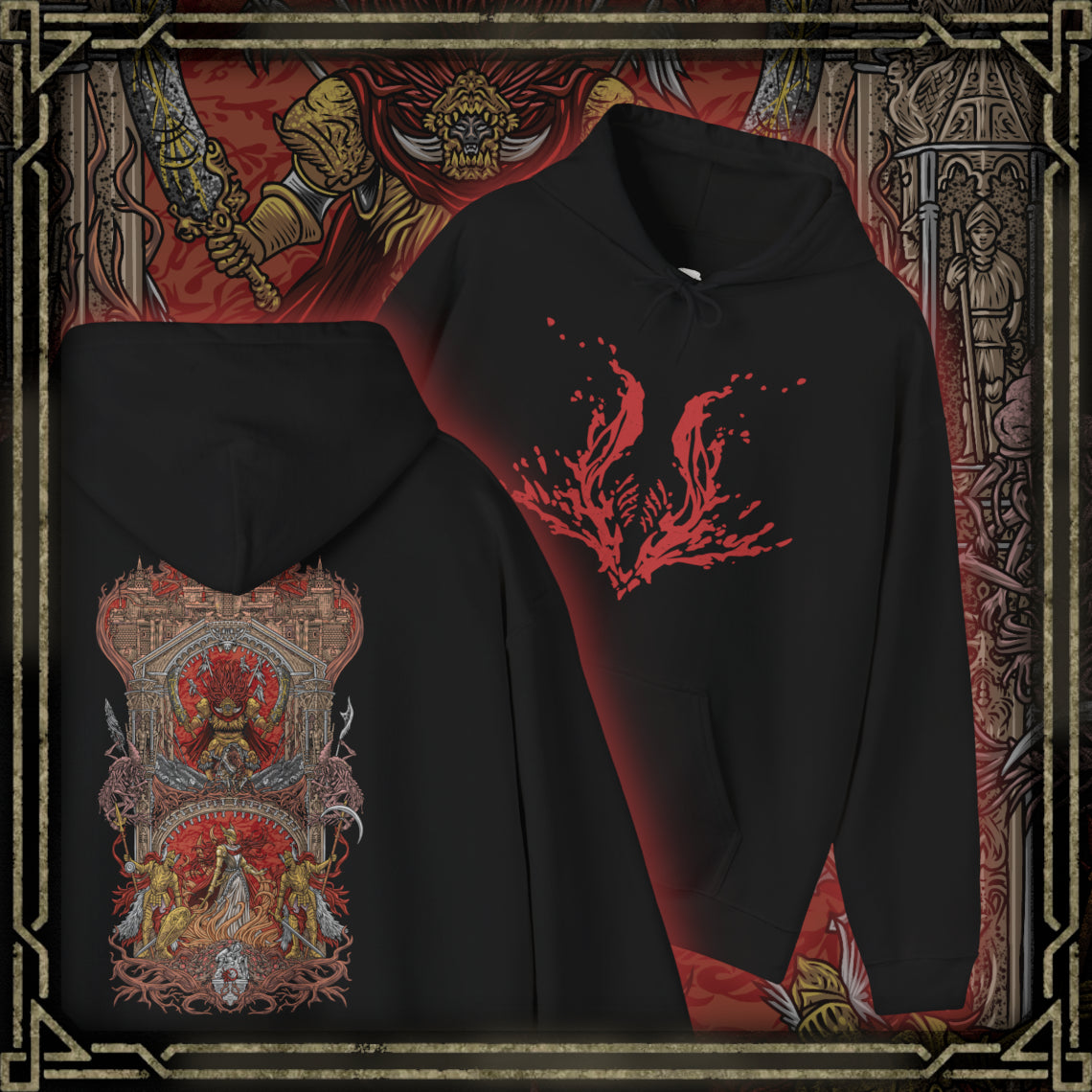 Thumbnail of a Hooded Sweatshirt of Radahn and Malenia locked in combat atop Caelid’s broken battlefield, crimson spores and celestial energy exploding outward with every strike. Malenia’s scarlet bloom spreads across the horizon while Radahn bends the stars above through gravity magic. The composition emphasizes tragedy, godlike power, and the moment that condemned an entire region to eternal decay.