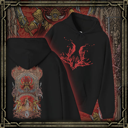 Thumbnail of a Hooded Sweatshirt of Radahn and Malenia locked in combat atop Caelid’s broken battlefield, crimson spores and celestial energy exploding outward with every strike. Malenia’s scarlet bloom spreads across the horizon while Radahn bends the stars above through gravity magic. The composition emphasizes tragedy, godlike power, and the moment that condemned an entire region to eternal decay.