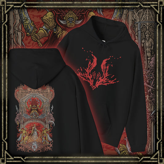 Thumbnail of a Hooded Sweatshirt of Radahn and Malenia locked in combat atop Caelid’s broken battlefield, crimson spores and celestial energy exploding outward with every strike. Malenia’s scarlet bloom spreads across the horizon while Radahn bends the stars above through gravity magic. The composition emphasizes tragedy, godlike power, and the moment that condemned an entire region to eternal decay.