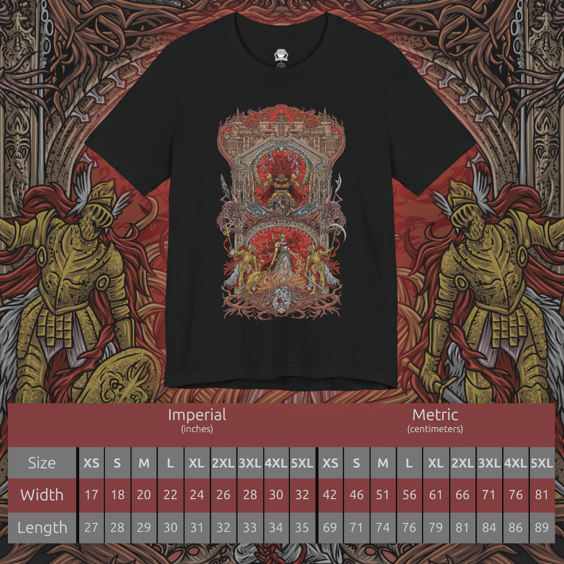 Size chart of a T-shirt design of the Battle of Caelid from Elden Ring, capturing Starscourge Radahn clashing with Malenia, Blade of Miquella amid a crimson wasteland consumed by scarlet rot. Radahn looses gravitational arrows from atop his warhorse while Malenia unleashes her deadly sword dance, rot blossoms erupting across shattered ground beneath a blood-red sky.