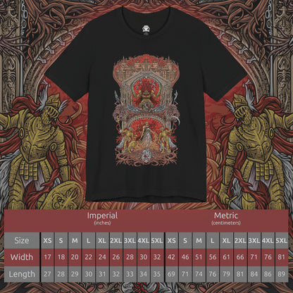 Size chart of a T-shirt design of the Battle of Caelid from Elden Ring, capturing Starscourge Radahn clashing with Malenia, Blade of Miquella amid a crimson wasteland consumed by scarlet rot. Radahn looses gravitational arrows from atop his warhorse while Malenia unleashes her deadly sword dance, rot blossoms erupting across shattered ground beneath a blood-red sky.