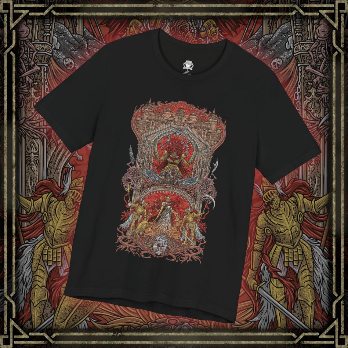 Thumbnail of a T-shirt design of the Battle of Caelid from Elden Ring, capturing Starscourge Radahn clashing with Malenia, Blade of Miquella amid a crimson wasteland consumed by scarlet rot. Radahn looses gravitational arrows from atop his warhorse while Malenia unleashes her deadly sword dance, rot blossoms erupting across shattered ground beneath a blood-red sky.