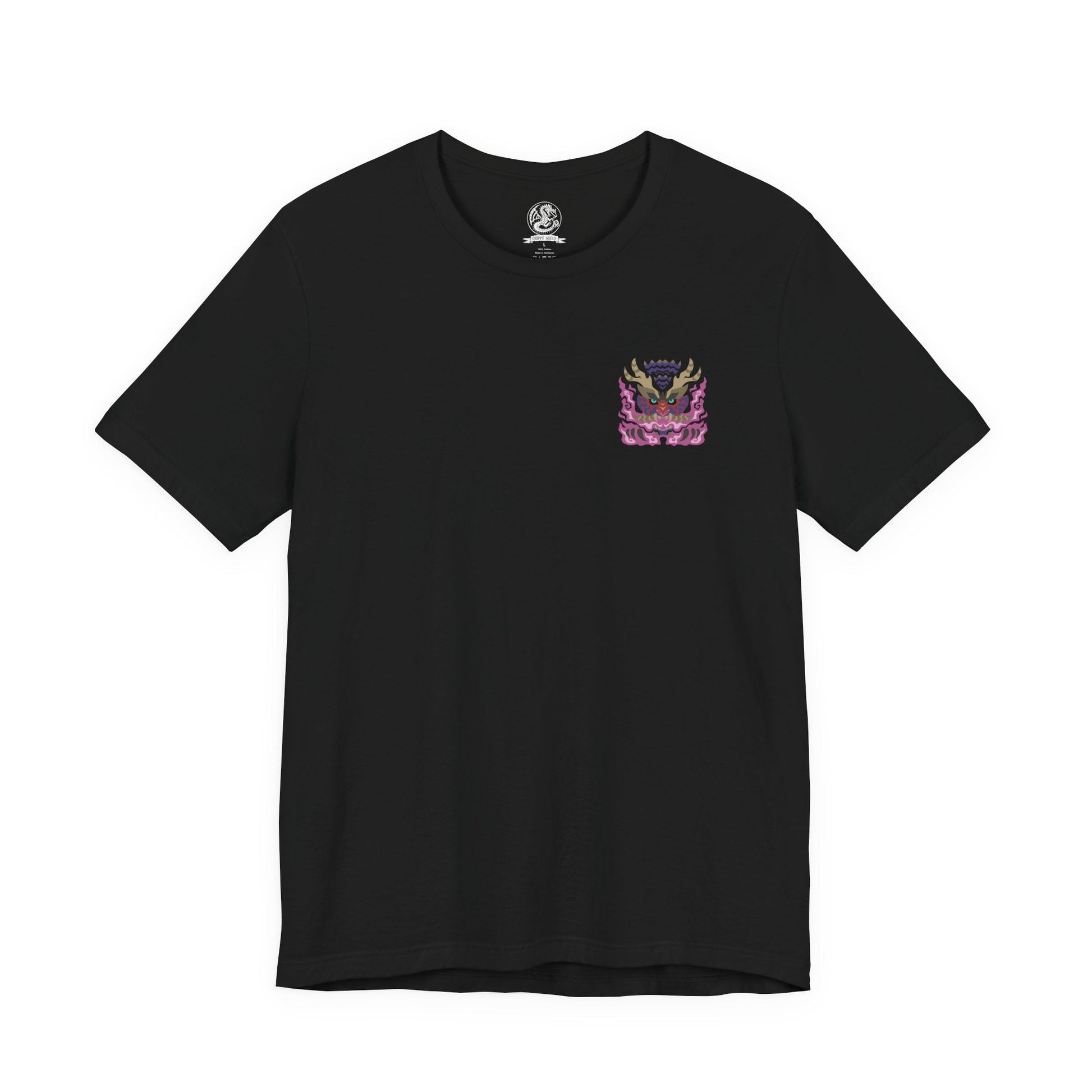 Image 4 of a T-Shirt artwork depicting Scorned Magnamalo unleashing explosive Hellfire across a ruined landscape, its muscular frame covered in battle scars as crimson flames and violet energy spiral around its claws. The ground fractures beneath every step while burning embers fill the air. This design reflects the monster's overwhelming aggression, relentless resilience, and the terrifying power gained through surviving countless brutal battles.