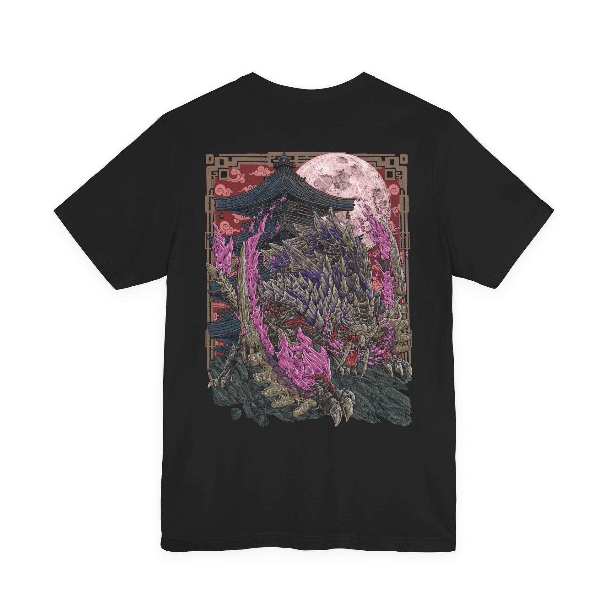 Image 5 of a T-Shirt artwork depicting Scorned Magnamalo unleashing explosive Hellfire across a ruined landscape, its muscular frame covered in battle scars as crimson flames and violet energy spiral around its claws. The ground fractures beneath every step while burning embers fill the air. This design reflects the monster's overwhelming aggression, relentless resilience, and the terrifying power gained through surviving countless brutal battles.