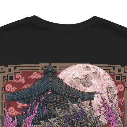 Image 7 of a T-Shirt artwork depicting Scorned Magnamalo unleashing explosive Hellfire across a ruined landscape, its muscular frame covered in battle scars as crimson flames and violet energy spiral around its claws. The ground fractures beneath every step while burning embers fill the air. This design reflects the monster's overwhelming aggression, relentless resilience, and the terrifying power gained through surviving countless brutal battles.