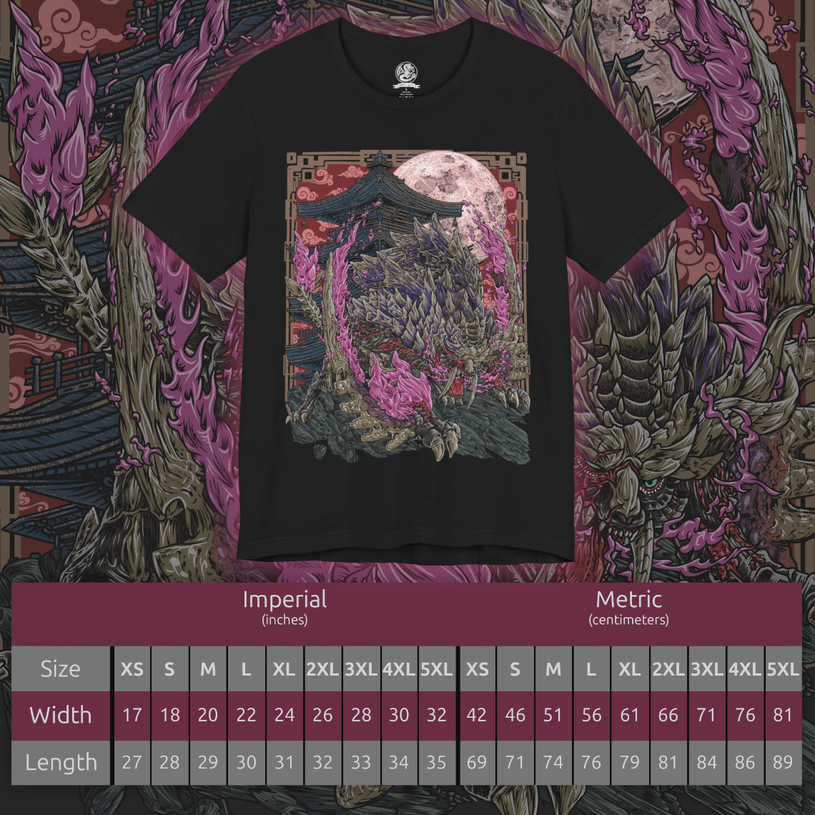 Size chart of a T-Shirt artwork depicting Scorned Magnamalo unleashing explosive Hellfire across a ruined landscape, its muscular frame covered in battle scars as crimson flames and violet energy spiral around its claws. The ground fractures beneath every step while burning embers fill the air. This design reflects the monster's overwhelming aggression, relentless resilience, and the terrifying power gained through surviving countless brutal battles.