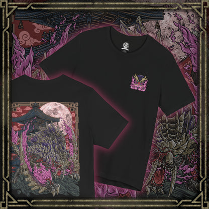 Thumbnail of a T-Shirt artwork depicting Scorned Magnamalo unleashing explosive Hellfire across a ruined landscape, its muscular frame covered in battle scars as crimson flames and violet energy spiral around its claws. The ground fractures beneath every step while burning embers fill the air. This design reflects the monster's overwhelming aggression, relentless resilience, and the terrifying power gained through surviving countless brutal battles.