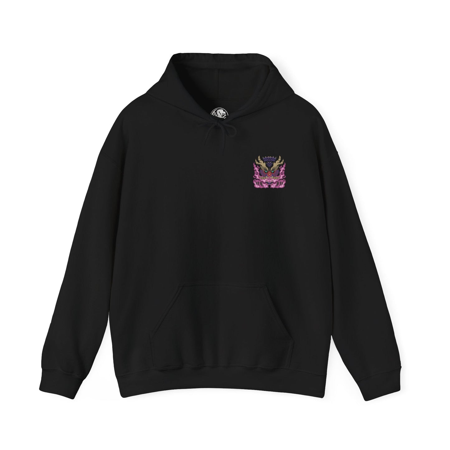 Image 4 of a Hooded Sweatshirt of Scorned Magnamalo roaring beneath a storm-dark sky, crimson Hellfire pouring from its armored body as jagged spikes and its massive bladed tail dominate the battlefield. Smoke, ash, and burning debris surround the fearsome predator while its glowing eyes lock onto unseen prey. The composition emphasizes raw power, savage determination, and the legendary presence of one of Monster Hunter's most fearsome flagship monsters.