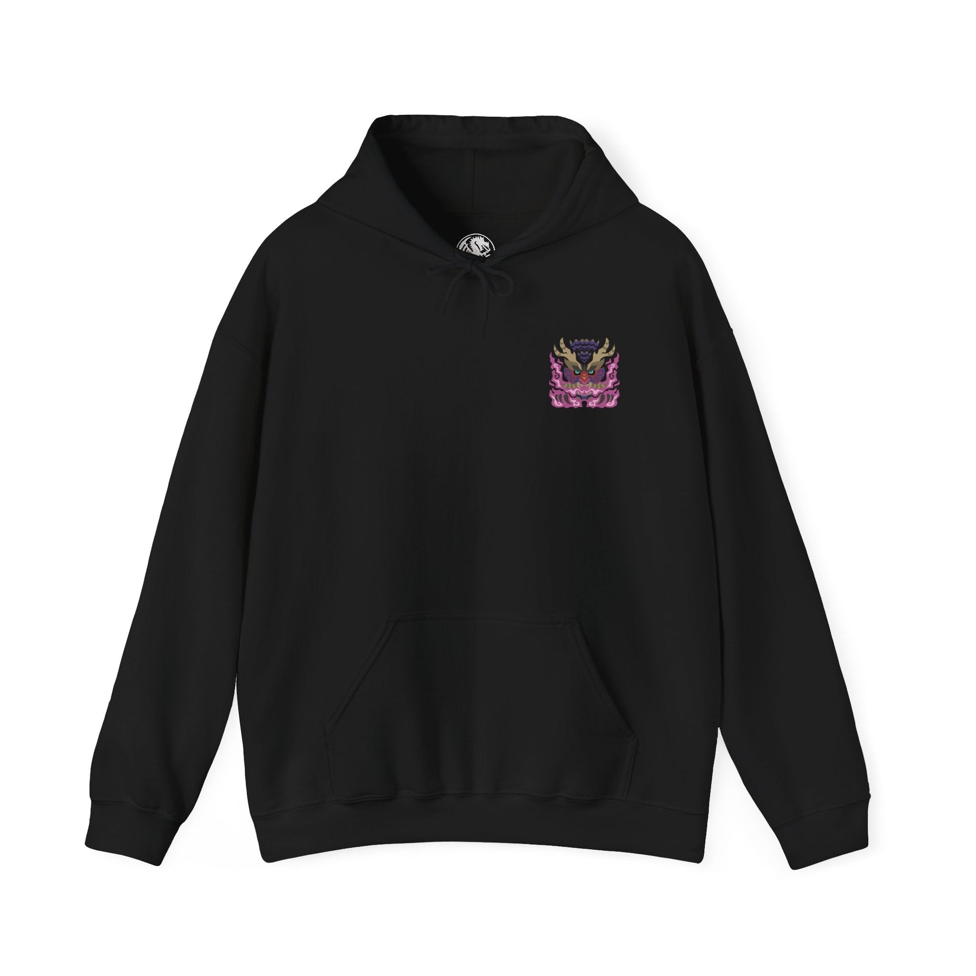 Image 4 of a Hooded Sweatshirt of Scorned Magnamalo roaring beneath a storm-dark sky, crimson Hellfire pouring from its armored body as jagged spikes and its massive bladed tail dominate the battlefield. Smoke, ash, and burning debris surround the fearsome predator while its glowing eyes lock onto unseen prey. The composition emphasizes raw power, savage determination, and the legendary presence of one of Monster Hunter's most fearsome flagship monsters.