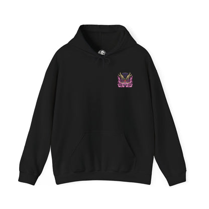 Image 4 of a Hooded Sweatshirt of Scorned Magnamalo roaring beneath a storm-dark sky, crimson Hellfire pouring from its armored body as jagged spikes and its massive bladed tail dominate the battlefield. Smoke, ash, and burning debris surround the fearsome predator while its glowing eyes lock onto unseen prey. The composition emphasizes raw power, savage determination, and the legendary presence of one of Monster Hunter's most fearsome flagship monsters.
