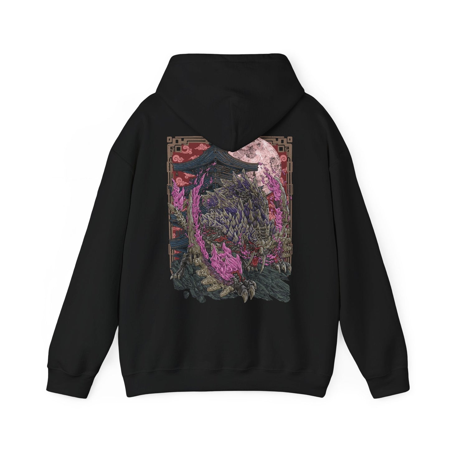 Image 5 of a Hooded Sweatshirt of Scorned Magnamalo roaring beneath a storm-dark sky, crimson Hellfire pouring from its armored body as jagged spikes and its massive bladed tail dominate the battlefield. Smoke, ash, and burning debris surround the fearsome predator while its glowing eyes lock onto unseen prey. The composition emphasizes raw power, savage determination, and the legendary presence of one of Monster Hunter's most fearsome flagship monsters.