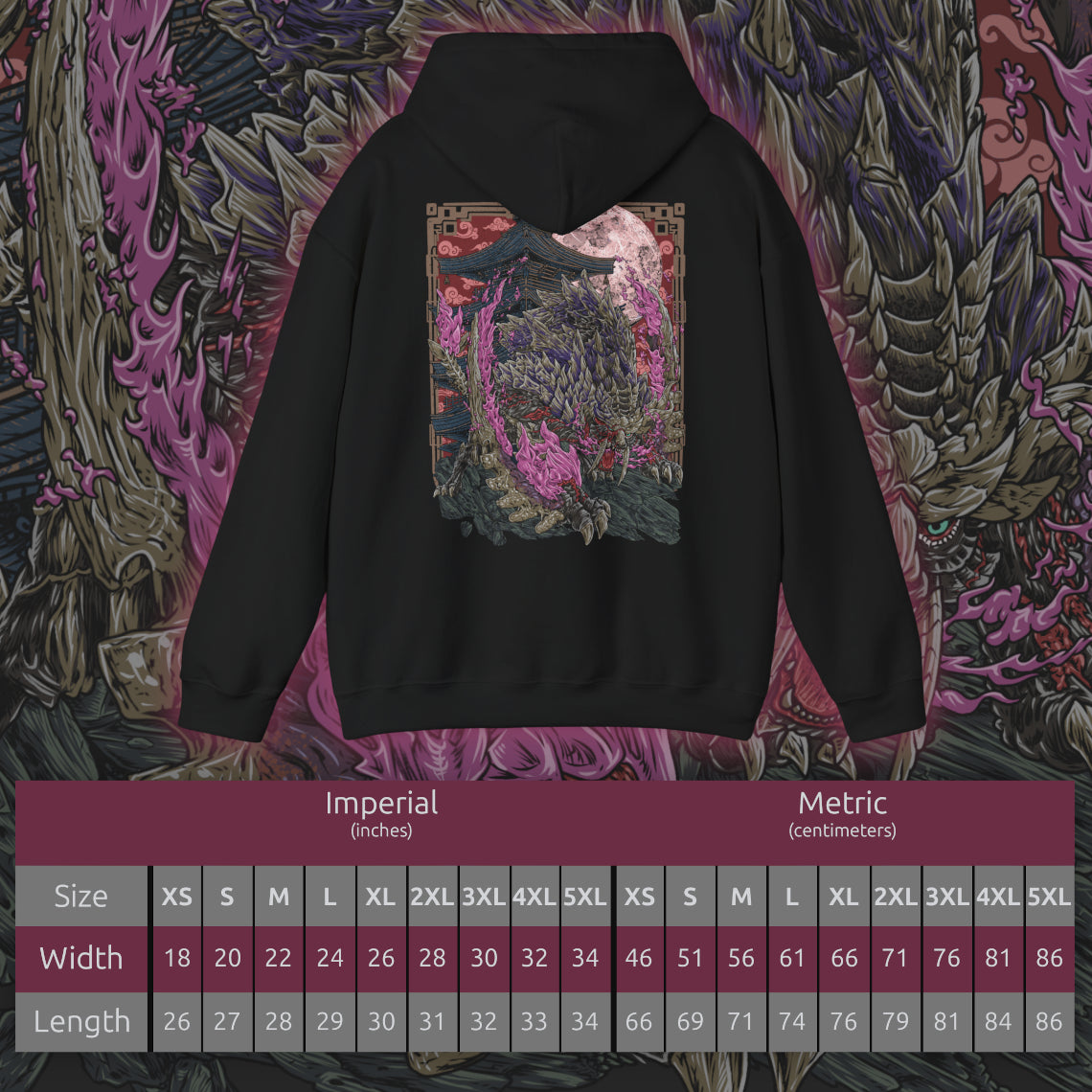 Size chart of a Hooded Sweatshirt of Scorned Magnamalo roaring beneath a storm-dark sky, crimson Hellfire pouring from its armored body as jagged spikes and its massive bladed tail dominate the battlefield. Smoke, ash, and burning debris surround the fearsome predator while its glowing eyes lock onto unseen prey. The composition emphasizes raw power, savage determination, and the legendary presence of one of Monster Hunter's most fearsome flagship monsters.