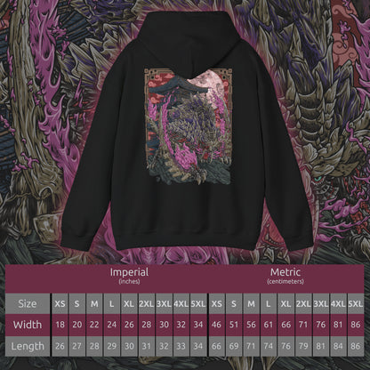 Size chart of a Hooded Sweatshirt of Scorned Magnamalo roaring beneath a storm-dark sky, crimson Hellfire pouring from its armored body as jagged spikes and its massive bladed tail dominate the battlefield. Smoke, ash, and burning debris surround the fearsome predator while its glowing eyes lock onto unseen prey. The composition emphasizes raw power, savage determination, and the legendary presence of one of Monster Hunter's most fearsome flagship monsters.