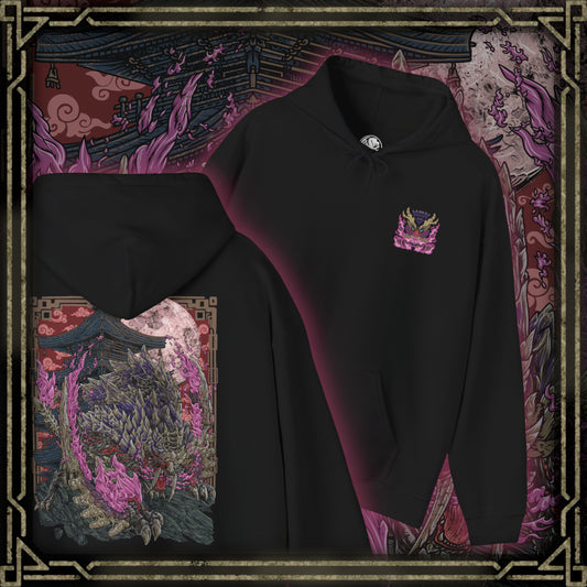 Thumbnail of a Hooded Sweatshirt of Scorned Magnamalo roaring beneath a storm-dark sky, crimson Hellfire pouring from its armored body as jagged spikes and its massive bladed tail dominate the battlefield. Smoke, ash, and burning debris surround the fearsome predator while its glowing eyes lock onto unseen prey. The composition emphasizes raw power, savage determination, and the legendary presence of one of Monster Hunter's most fearsome flagship monsters.