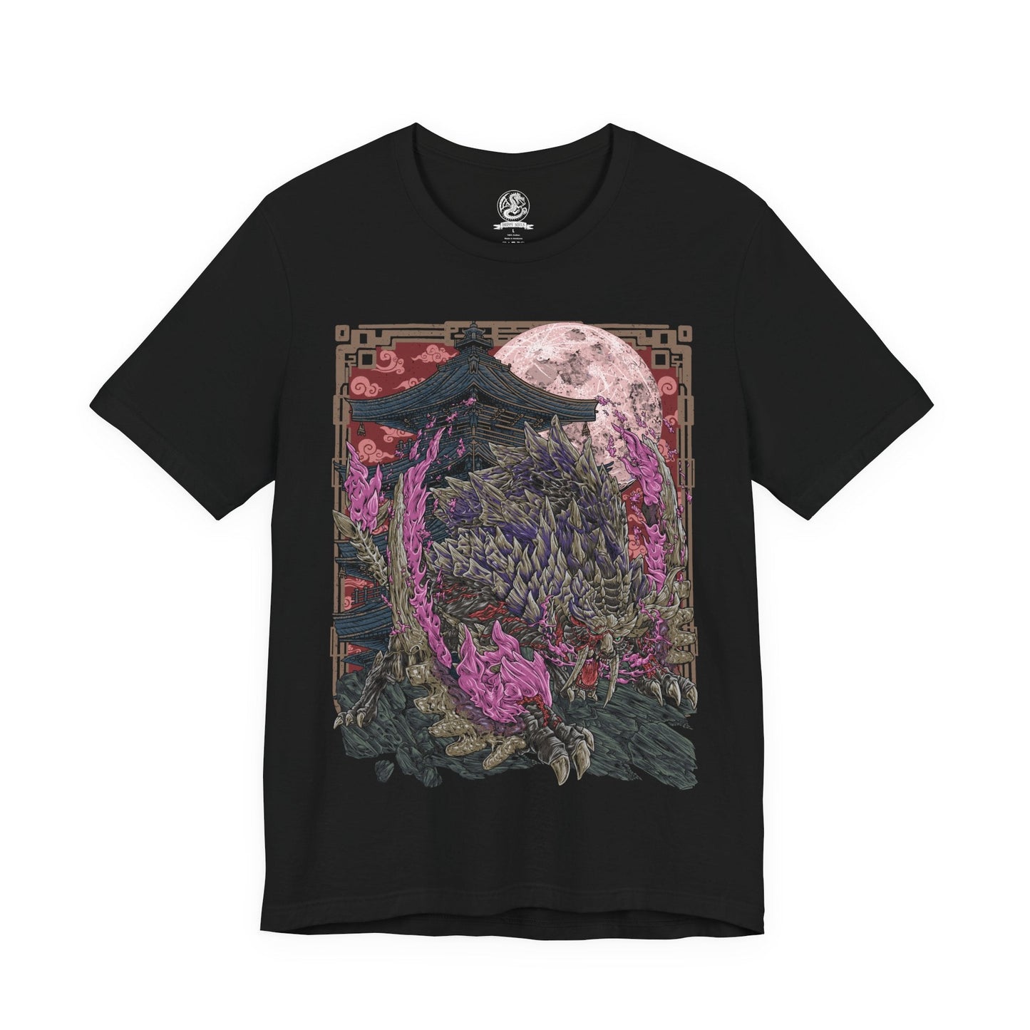 Image 4 of a T-Shirt design of Scorned Magnamalo from Monster Hunter Rise: Sunbreak, standing amid a battlefield engulfed in crimson Hellfire as its scarred armor and shattered horns radiate unstoppable rage. Purple and red flames erupt from its body while bladed tail spikes slice through the smoke. The design captures the Deviant-like elder fanged wyvern's relentless fury, symbolizing vengeance, destruction, and unmatched ferocity.
