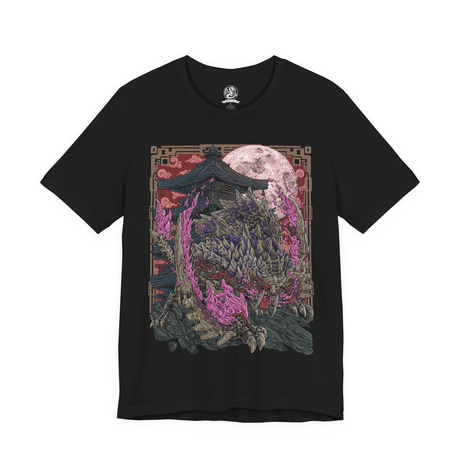 Image 4 of a T-Shirt design of Scorned Magnamalo from Monster Hunter Rise: Sunbreak, standing amid a battlefield engulfed in crimson Hellfire as its scarred armor and shattered horns radiate unstoppable rage. Purple and red flames erupt from its body while bladed tail spikes slice through the smoke. The design captures the Deviant-like elder fanged wyvern's relentless fury, symbolizing vengeance, destruction, and unmatched ferocity.