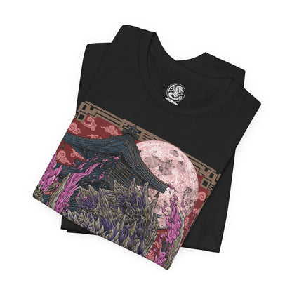 Image 5 of a T-Shirt design of Scorned Magnamalo from Monster Hunter Rise: Sunbreak, standing amid a battlefield engulfed in crimson Hellfire as its scarred armor and shattered horns radiate unstoppable rage. Purple and red flames erupt from its body while bladed tail spikes slice through the smoke. The design captures the Deviant-like elder fanged wyvern's relentless fury, symbolizing vengeance, destruction, and unmatched ferocity.