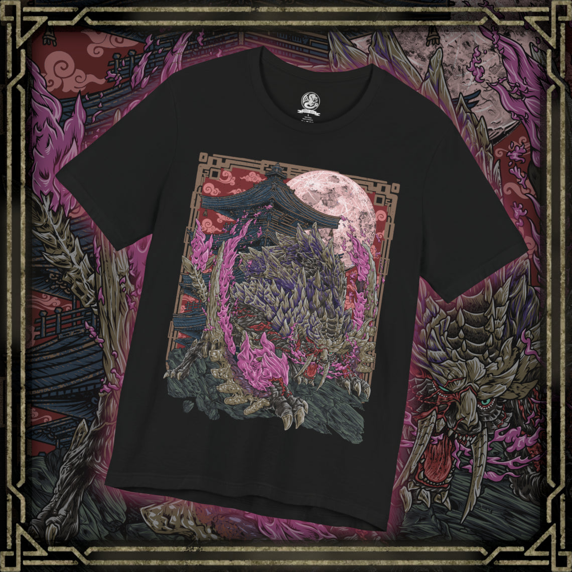 Thumbnail of a T-Shirt design of Scorned Magnamalo from Monster Hunter Rise: Sunbreak, standing amid a battlefield engulfed in crimson Hellfire as its scarred armor and shattered horns radiate unstoppable rage. Purple and red flames erupt from its body while bladed tail spikes slice through the smoke. The design captures the Deviant-like elder fanged wyvern's relentless fury, symbolizing vengeance, destruction, and unmatched ferocity.