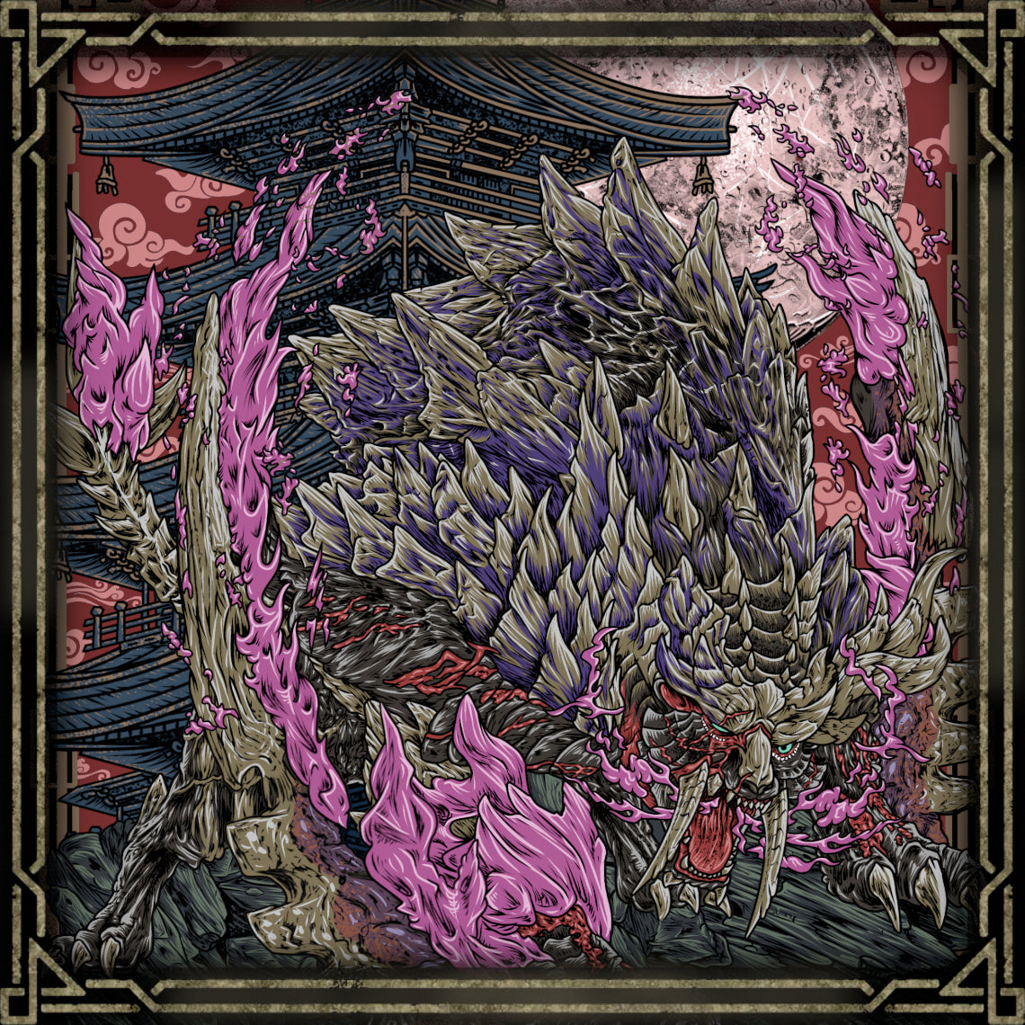 Wallpaper of Scorned Magnamalo. Scarred by years of conflict, Scorned Magnamalo has evolved into an even deadlier predator than its original form. Its enlarged arm blades, crimson armor, and intensified Hellfire create a fearsome spectacle as it overwhelms opponents with explosive speed and overwhelming force. Within the Monster Hunter, it symbolizes fury, resilience, and the instinct to survive at any cost.