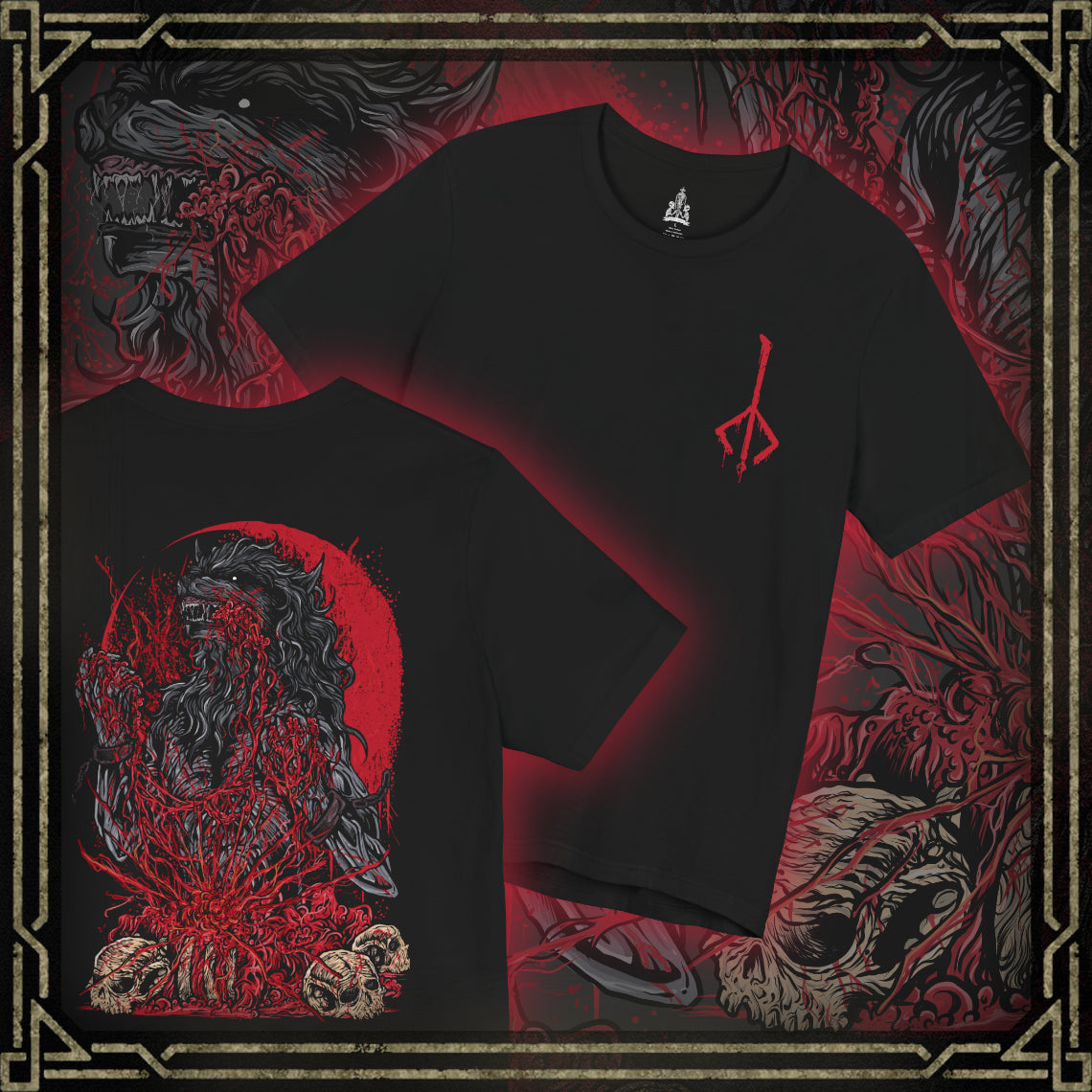 Thumbnail of a T-shirt featuring the Scourge Beast from Bloodborne, a feral creature transformed by the cursed scourge that plagues Yharnam. Covered in bloodied fur and twisted claws, this beast embodies the horrific consequences of the hunt’s bloodlust. This design captures the terrifying blend of man and monster stalking the city’s dark streets.