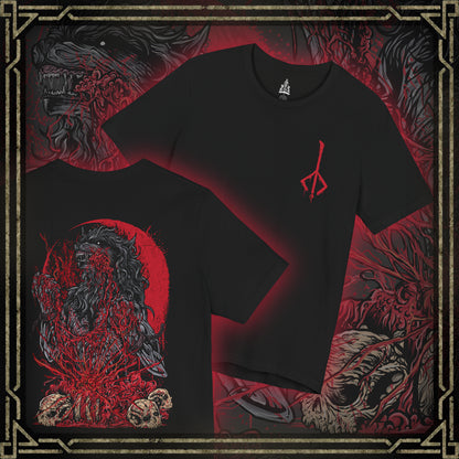 Thumbnail of a T-shirt featuring the Scourge Beast from Bloodborne, a feral creature transformed by the cursed scourge that plagues Yharnam. Covered in bloodied fur and twisted claws, this beast embodies the horrific consequences of the hunt’s bloodlust. This design captures the terrifying blend of man and monster stalking the city’s dark streets.