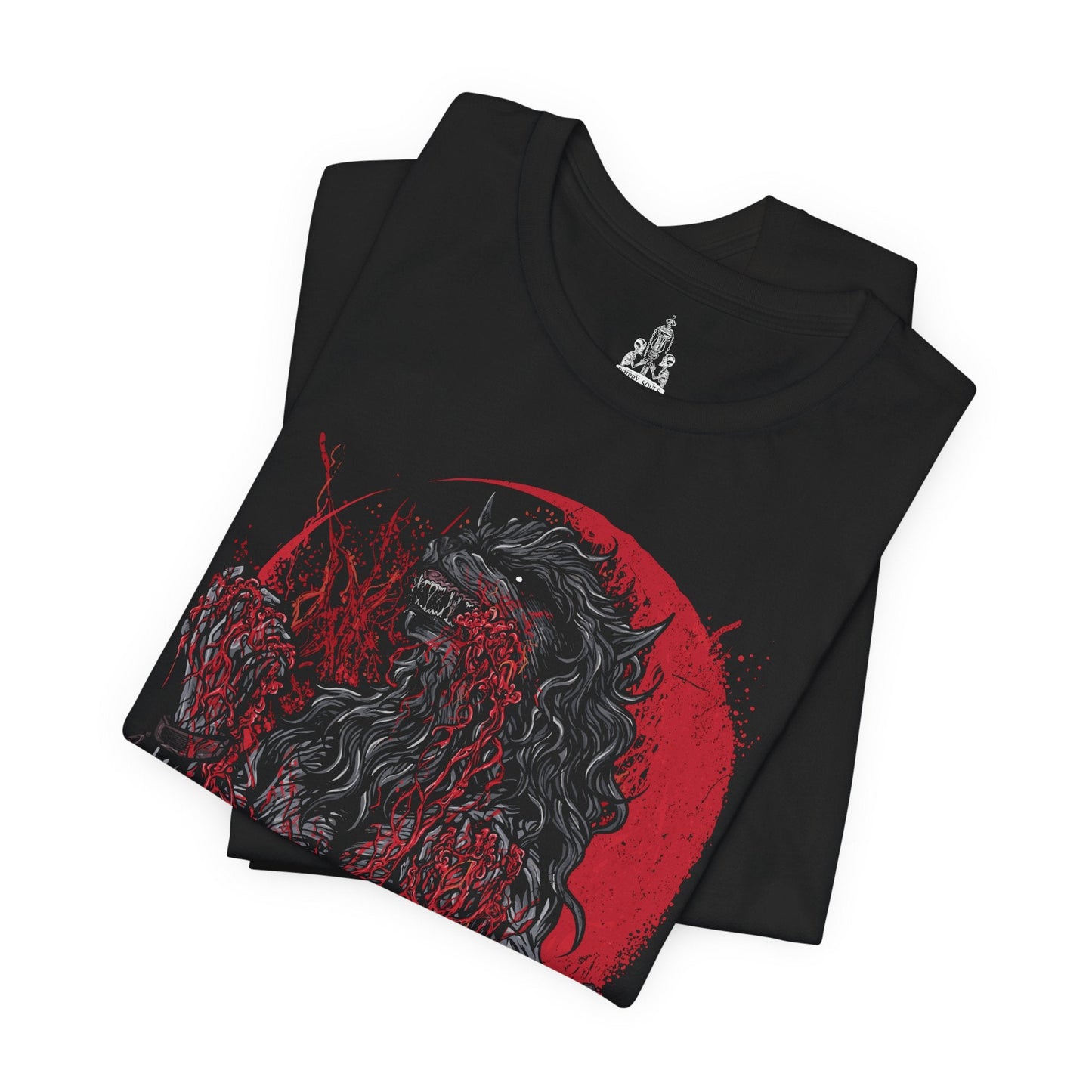 Image 5 of a T-shirt featuring the Scourge Beast from Bloodborne, a feral creature transformed by the cursed scourge that plagues Yharnam. Covered in bloodied fur and twisted claws, this beast embodies the horrific consequences of the hunt’s bloodlust. This design captures the terrifying blend of man and monster stalking the city’s dark streets.