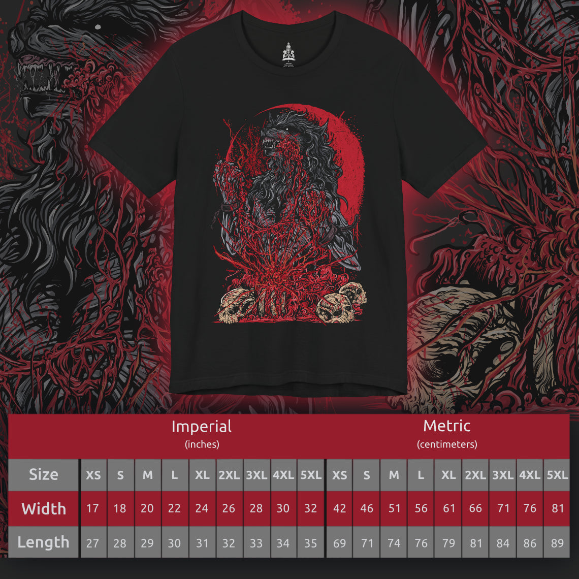 Size chart of a T-shirt featuring the Scourge Beast from Bloodborne, a feral creature transformed by the cursed scourge that plagues Yharnam. Covered in bloodied fur and twisted claws, this beast embodies the horrific consequences of the hunt’s bloodlust. This design captures the terrifying blend of man and monster stalking the city’s dark streets.