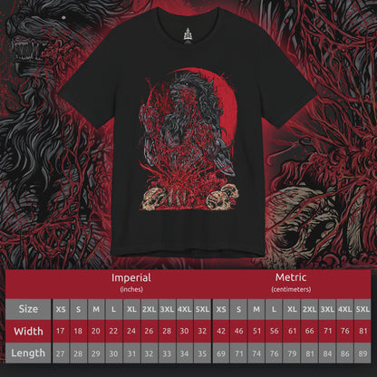 Size chart of a T-shirt featuring the Scourge Beast from Bloodborne, a feral creature transformed by the cursed scourge that plagues Yharnam. Covered in bloodied fur and twisted claws, this beast embodies the horrific consequences of the hunt’s bloodlust. This design captures the terrifying blend of man and monster stalking the city’s dark streets.