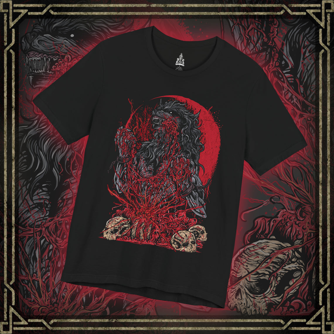 Thumbnail of a T-shirt featuring the Scourge Beast from Bloodborne, a feral creature transformed by the cursed scourge that plagues Yharnam. Covered in bloodied fur and twisted claws, this beast embodies the horrific consequences of the hunt’s bloodlust. This design captures the terrifying blend of man and monster stalking the city’s dark streets.