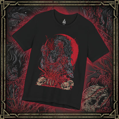 Thumbnail of a T-shirt featuring the Scourge Beast from Bloodborne, a feral creature transformed by the cursed scourge that plagues Yharnam. Covered in bloodied fur and twisted claws, this beast embodies the horrific consequences of the hunt’s bloodlust. This design captures the terrifying blend of man and monster stalking the city’s dark streets.