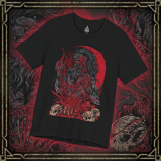 Thumbnail of a T-shirt featuring the Scourge Beast from Bloodborne, a feral creature transformed by the cursed scourge that plagues Yharnam. Covered in bloodied fur and twisted claws, this beast embodies the horrific consequences of the hunt’s bloodlust. This design captures the terrifying blend of man and monster stalking the city’s dark streets.